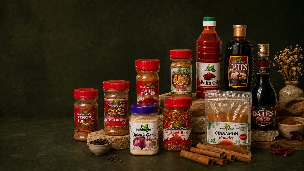 Condiment-Plus product lineup: chilli pepper powder, curry powder, palm oil, dates syrup, crushed red chilli pepper and cinnamon powder