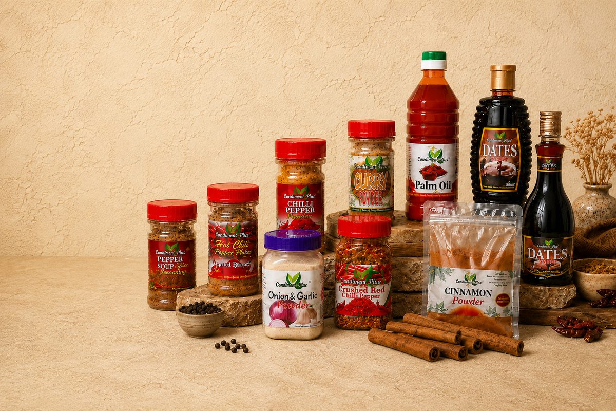 Condiment-Plus product lineup: chilli pepper powder, curry powder, palm oil, dates syrup, crushed red chilli pepper and cinnamon powder