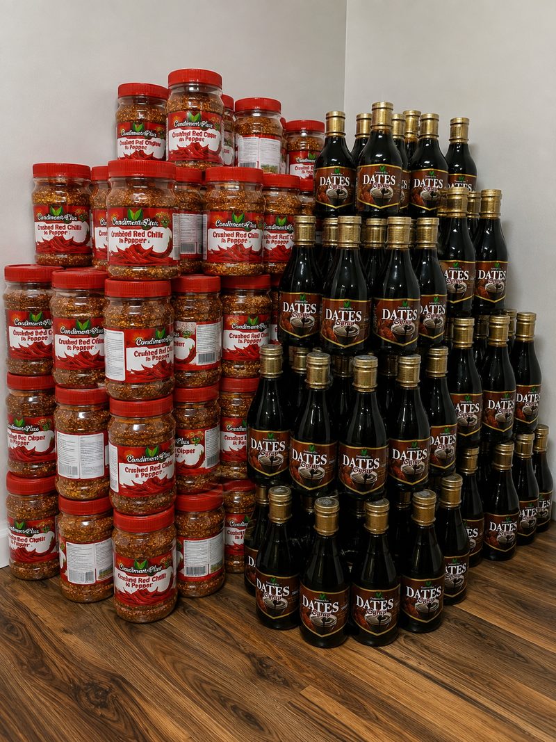 Condiment-Plus products packed and ready for dispatch